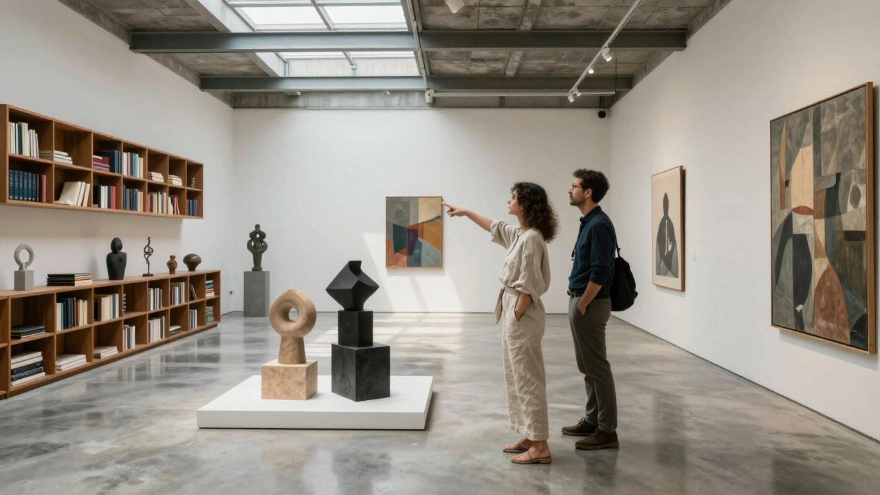 A professional companion guiding a client through a contemporary art gallery in Alserkal Avenue.