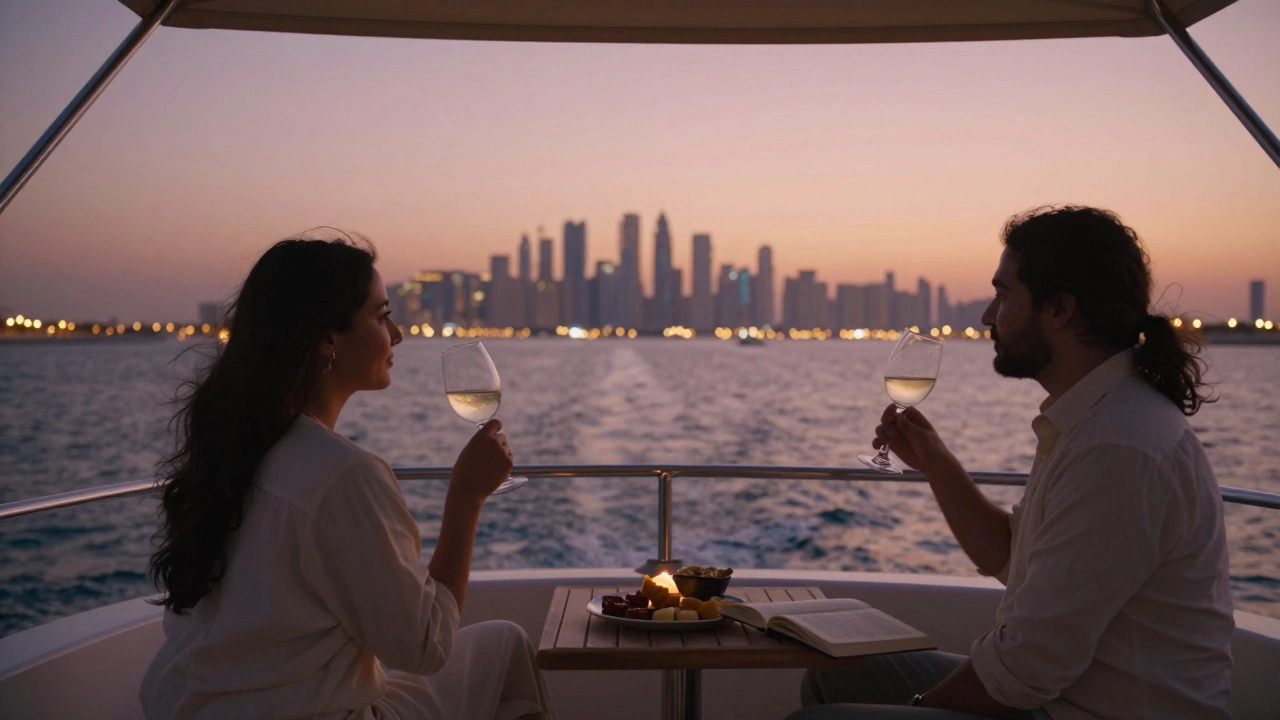 Two people enjoying a sunset cruise on a private yacht, sipping wine as Dubai’s skyline glows behind them.